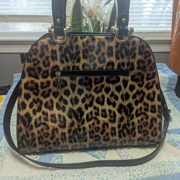 Leopard Print Dome Satchel Handbag - Black & Brown - Picture 3 of 5